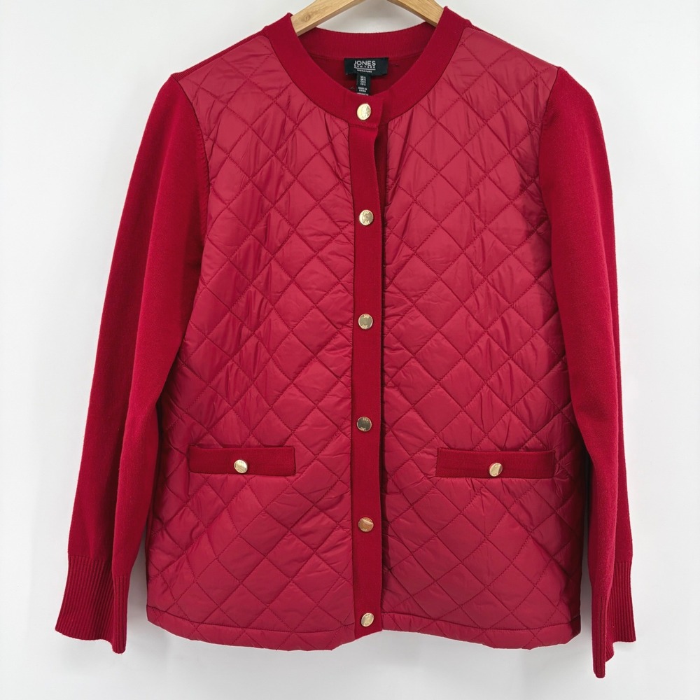 Jones New York NWOT Signature Red Quilted Front Cardigan Sweater Gold Snap Small